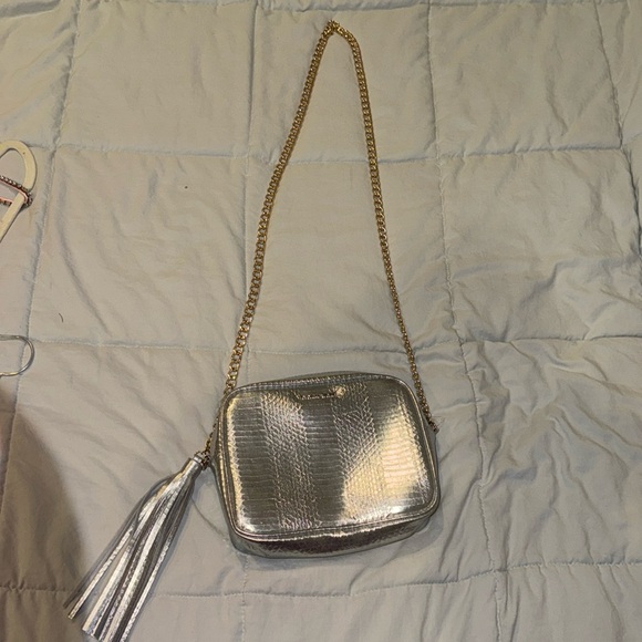 Victoria`s Secret One Size Silver Snakeskin Print Crossbody Bag Gold Chain - Picture 1 of 3